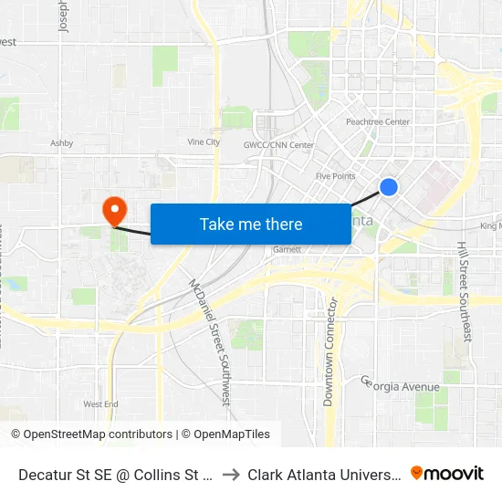 Decatur St SE @ Collins St SE to Clark Atlanta University map
