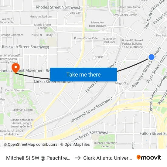 Mitchell St SW @ Peachtree St to Clark Atlanta University map