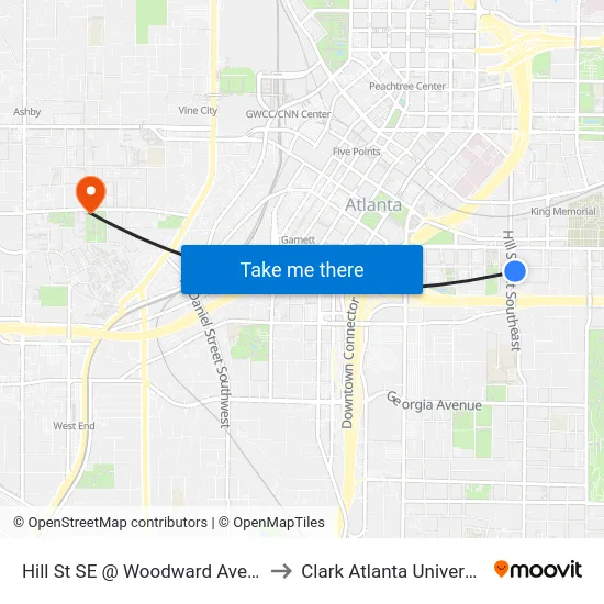 Hill St SE @ Woodward Ave SE to Clark Atlanta University map