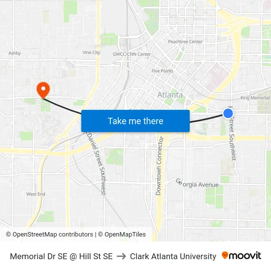 Memorial Dr SE @ Hill St SE to Clark Atlanta University map