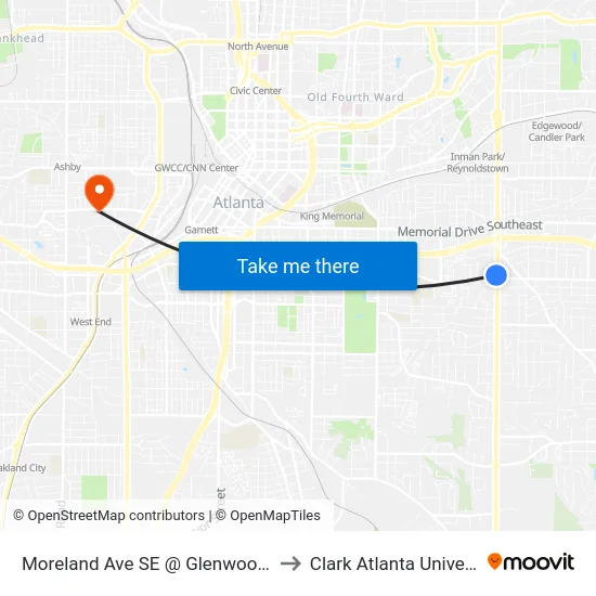 Moreland Ave SE @ Glenwood Ave to Clark Atlanta University map