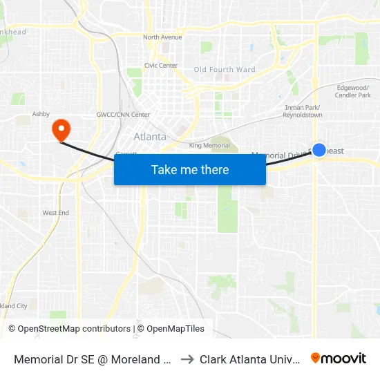 Memorial Dr SE @ Moreland Ave SE to Clark Atlanta University map