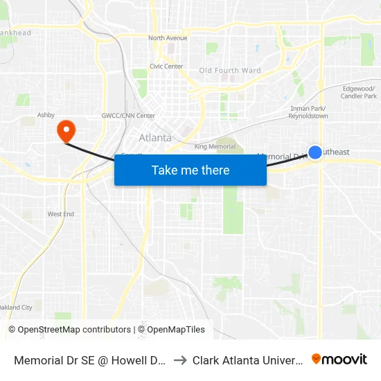 Memorial Dr SE @ Howell Dr SE to Clark Atlanta University map
