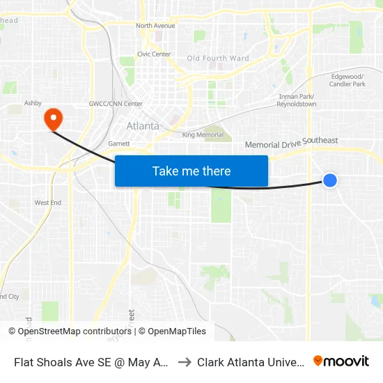 Flat Shoals Ave SE @ May Ave SE to Clark Atlanta University map