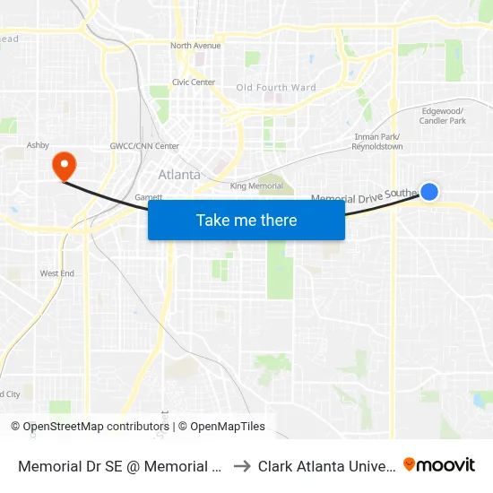 Memorial Dr SE @ Memorial Ter SE to Clark Atlanta University map