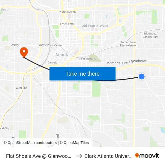 Flat Shoals Ave @ Glenwood Ave to Clark Atlanta University map