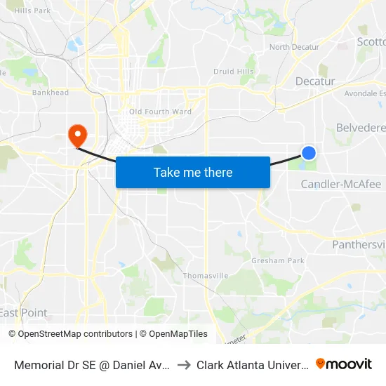 Memorial Dr SE @ Daniel Ave SE to Clark Atlanta University map