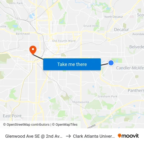 Glenwood Ave SE @ 2nd Ave SE to Clark Atlanta University map