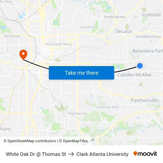 White Oak Dr @ Thomas St to Clark Atlanta University map