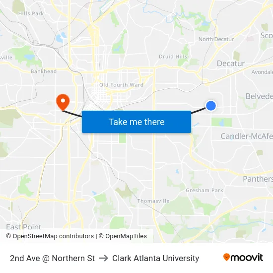 2nd Ave @ Northern St to Clark Atlanta University map