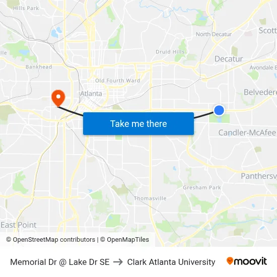 Memorial Dr @ Lake Dr SE to Clark Atlanta University map