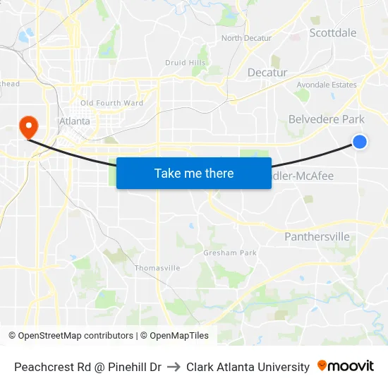 Peachcrest Rd @ Pinehill Dr to Clark Atlanta University map