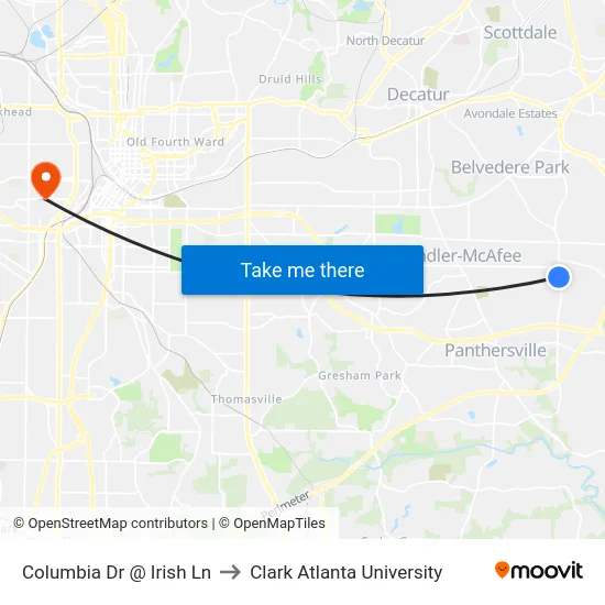 Columbia Dr @ Irish Ln to Clark Atlanta University map