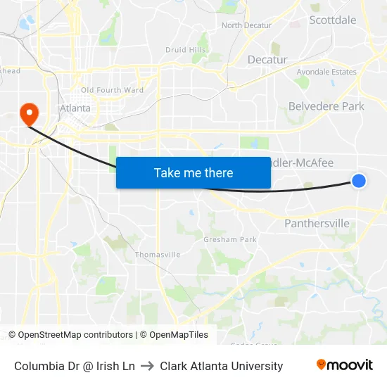 Columbia Dr @ Irish Ln to Clark Atlanta University map