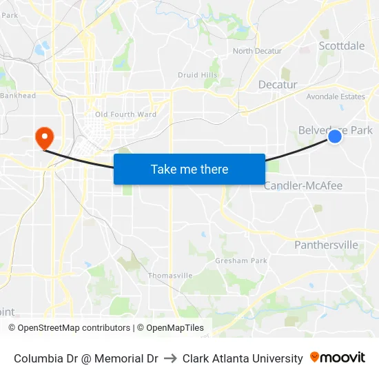 Columbia Dr @ Memorial Dr to Clark Atlanta University map