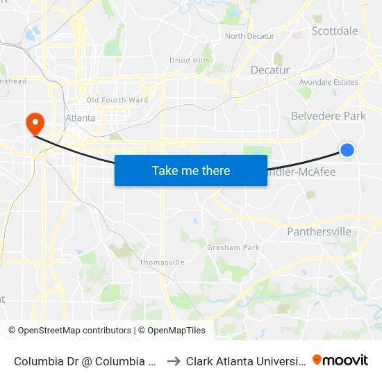 Columbia Dr @ Columbia Cir to Clark Atlanta University map