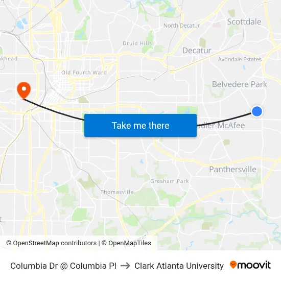 Columbia Dr @ Columbia Pl to Clark Atlanta University map