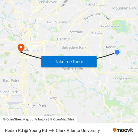 Redan Rd @ Young Rd to Clark Atlanta University map
