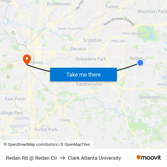 Redan Rd @ Redan Cir to Clark Atlanta University map