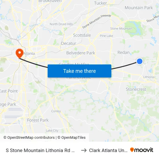 S Stone Mountain Lithonia Rd @ Redan East to Clark Atlanta University map