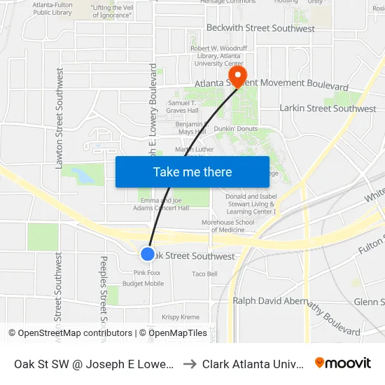 Oak St SW @ Joseph E Lowery Blvd to Clark Atlanta University map