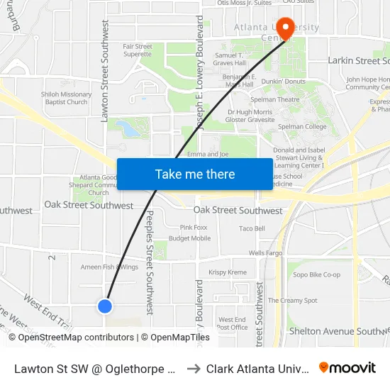Lawton St SW @ Oglethorpe Ave SW to Clark Atlanta University map