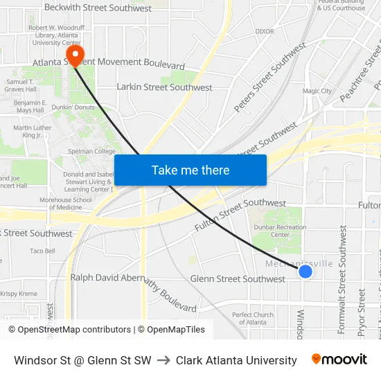 Windsor St @ Glenn St SW to Clark Atlanta University map