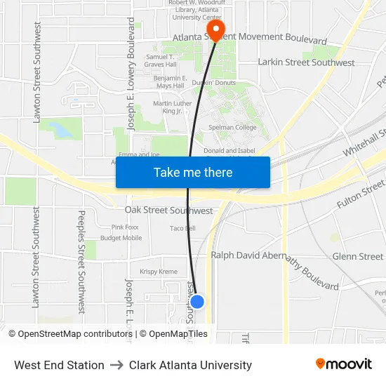 West End Station to Clark Atlanta University map