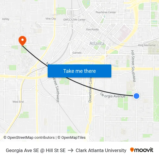 Georgia Ave SE @ Hill St SE to Clark Atlanta University map