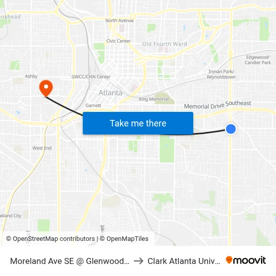 Moreland Ave SE @ Glenwood Ave SE to Clark Atlanta University map