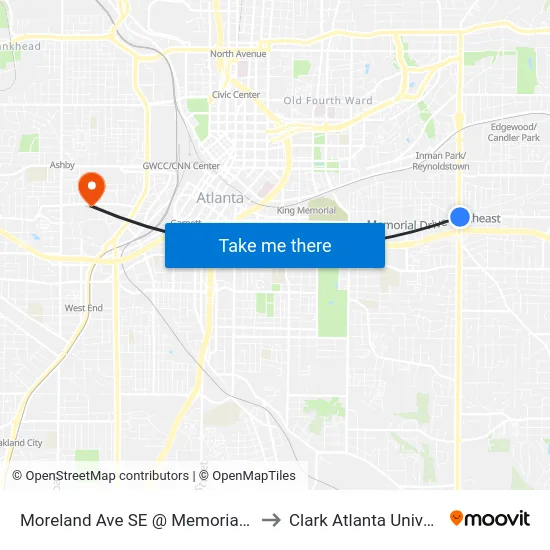 Moreland Ave SE @ Memorial Dr SE to Clark Atlanta University map