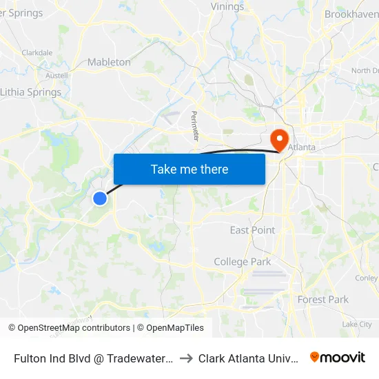 Fulton Ind Blvd @ Tradewater Pkwy to Clark Atlanta University map