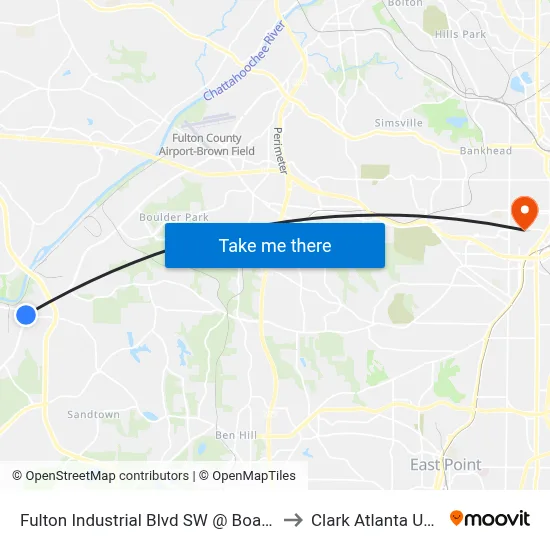 Fulton Industrial Blvd SW @ Boat Rock Rd SW to Clark Atlanta University map