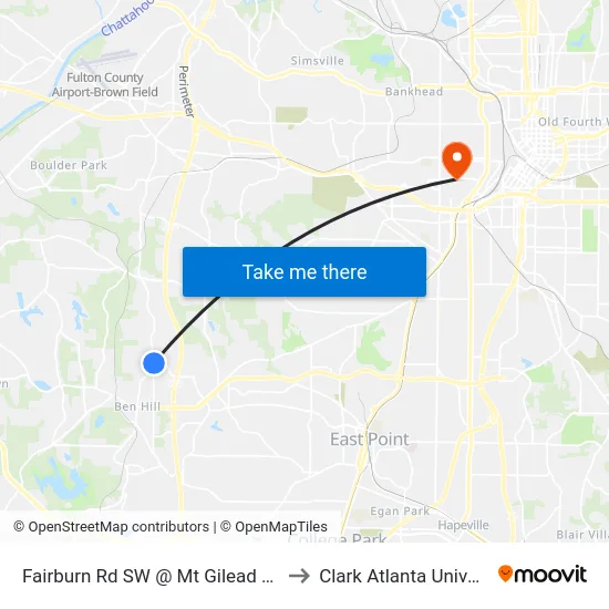 Fairburn Rd SW @ Mt Gilead Rd SW to Clark Atlanta University map