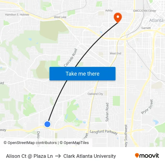 Alison Ct @ Plaza Ln to Clark Atlanta University map