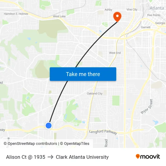 Alison Ct @ 1935 to Clark Atlanta University map