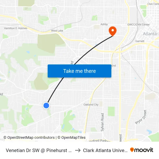 Venetian Dr SW @ Pinehurst Dr SW to Clark Atlanta University map