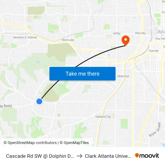Cascade Rd SW @ Dolphin Dr SW to Clark Atlanta University map