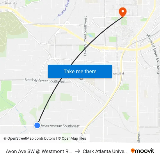 Avon Ave SW @ Westmont Rd SW to Clark Atlanta University map
