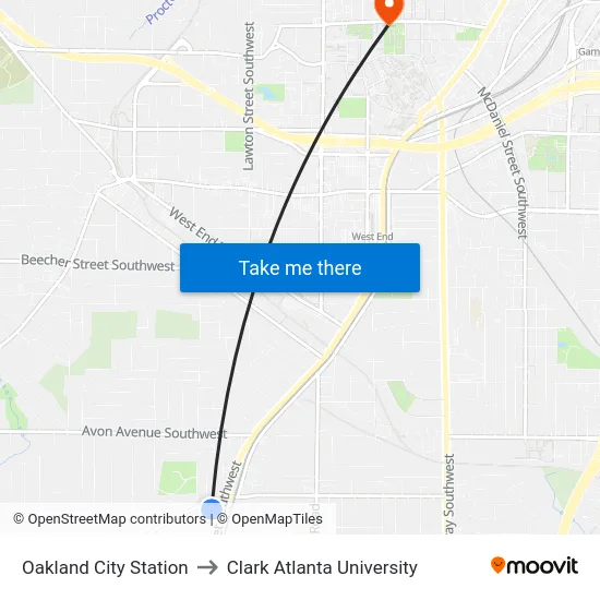 Oakland City Station to Clark Atlanta University map