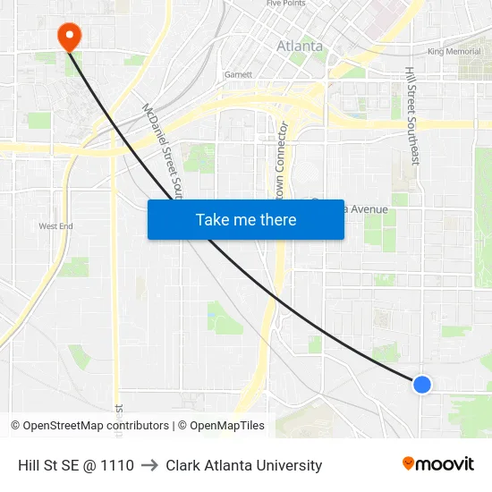 Hill St SE @ 1110 to Clark Atlanta University map