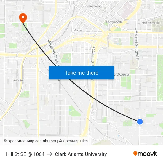 Hill St SE @ 1064 to Clark Atlanta University map
