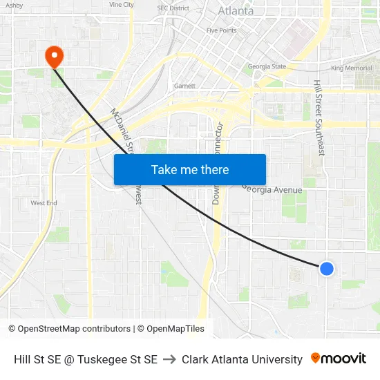 Hill St SE @ Tuskegee St SE to Clark Atlanta University map