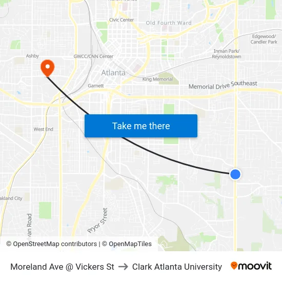 Moreland Ave @ Vickers St to Clark Atlanta University map