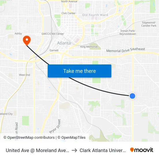 United Ave @ Moreland Ave SE to Clark Atlanta University map