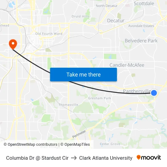 Columbia Dr @ Stardust Cir to Clark Atlanta University map