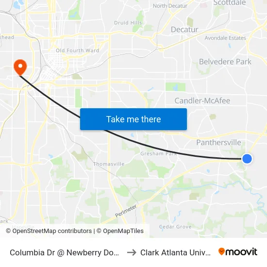 Columbia Dr @ Newberry Downs Ln to Clark Atlanta University map