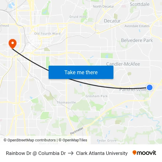 Rainbow Dr @ Columbia Dr to Clark Atlanta University map