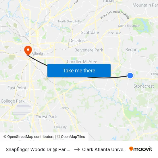 Snapfinger Woods Dr @ Panola Rd to Clark Atlanta University map