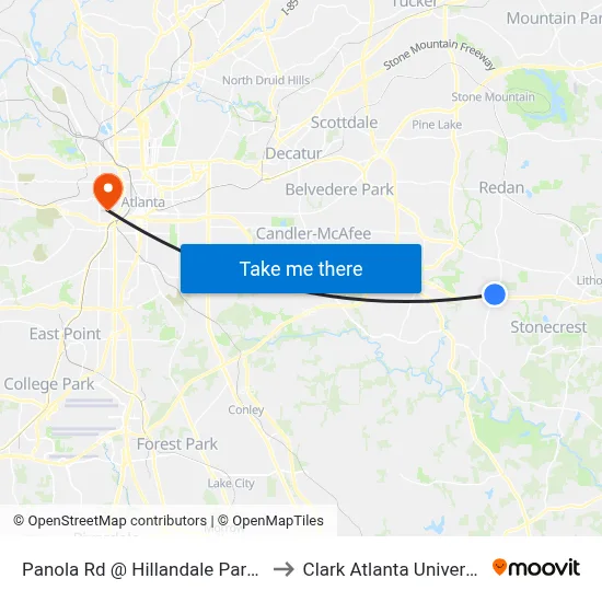 Panola Rd @ Hillandale Park Ct to Clark Atlanta University map